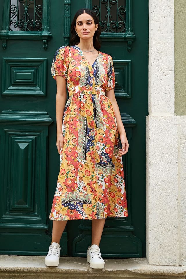 Yumi Yumi Women's Multicolour Floral Patchwork Print Midi Shirt Dress - 3