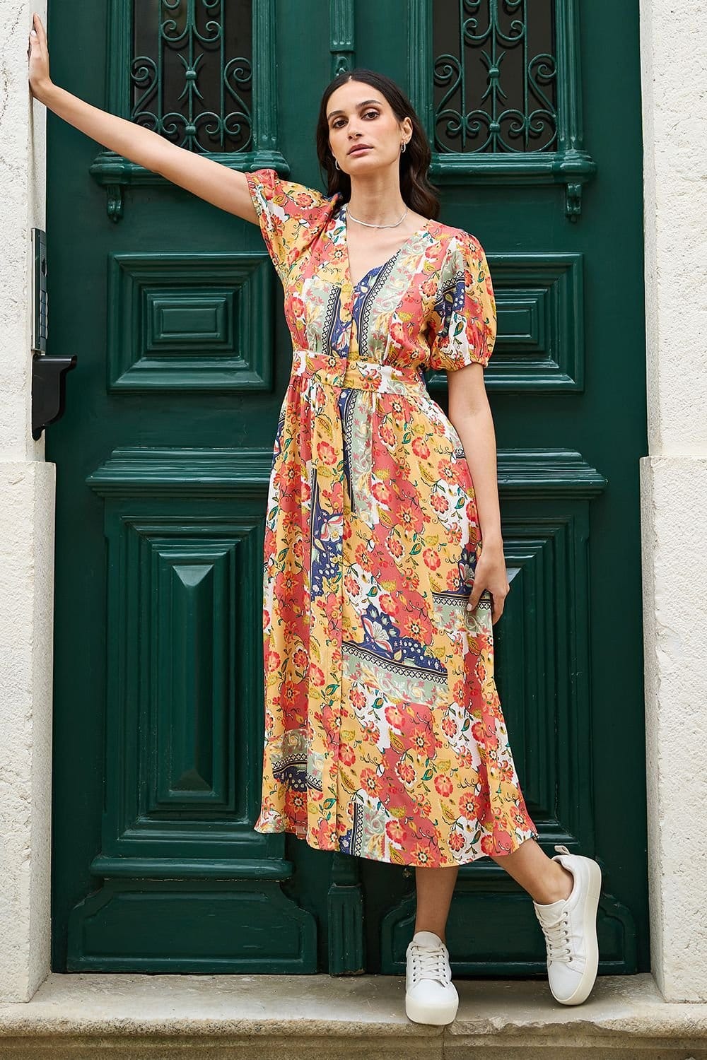 Yumi Yumi Women's Multicolour Floral Patchwork Print Midi Shirt Dress - 4