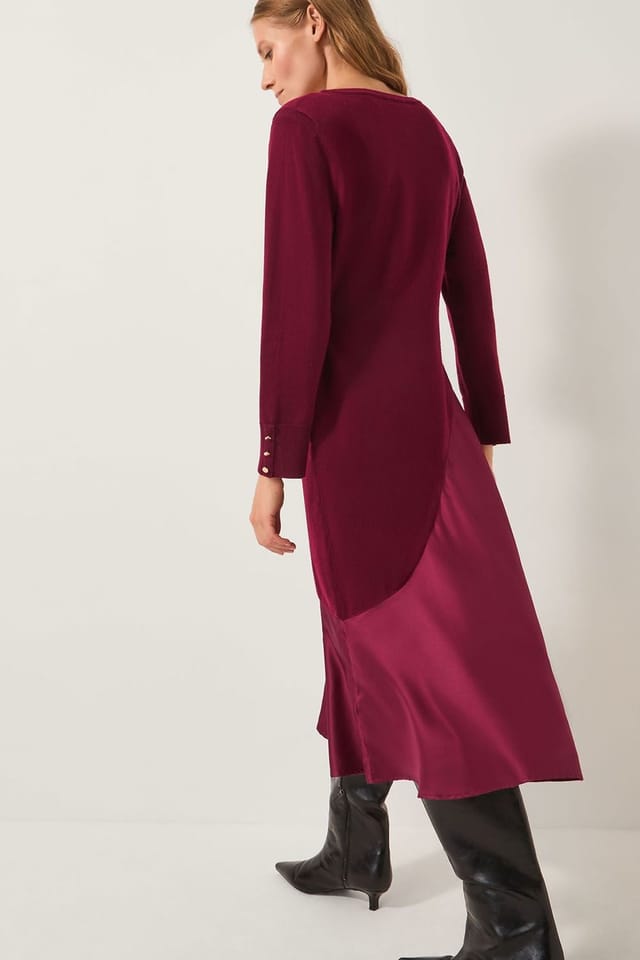 Monsoon Monsoon Women's Saz Asymmetrical Mix Satin Midi Dress Red in Wine - 2