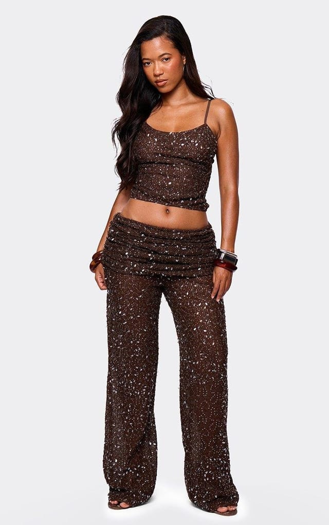 EGO Fold Over Waist Straight Leg Trousers In Brown Sequin, Women's Size UK 6 - 2