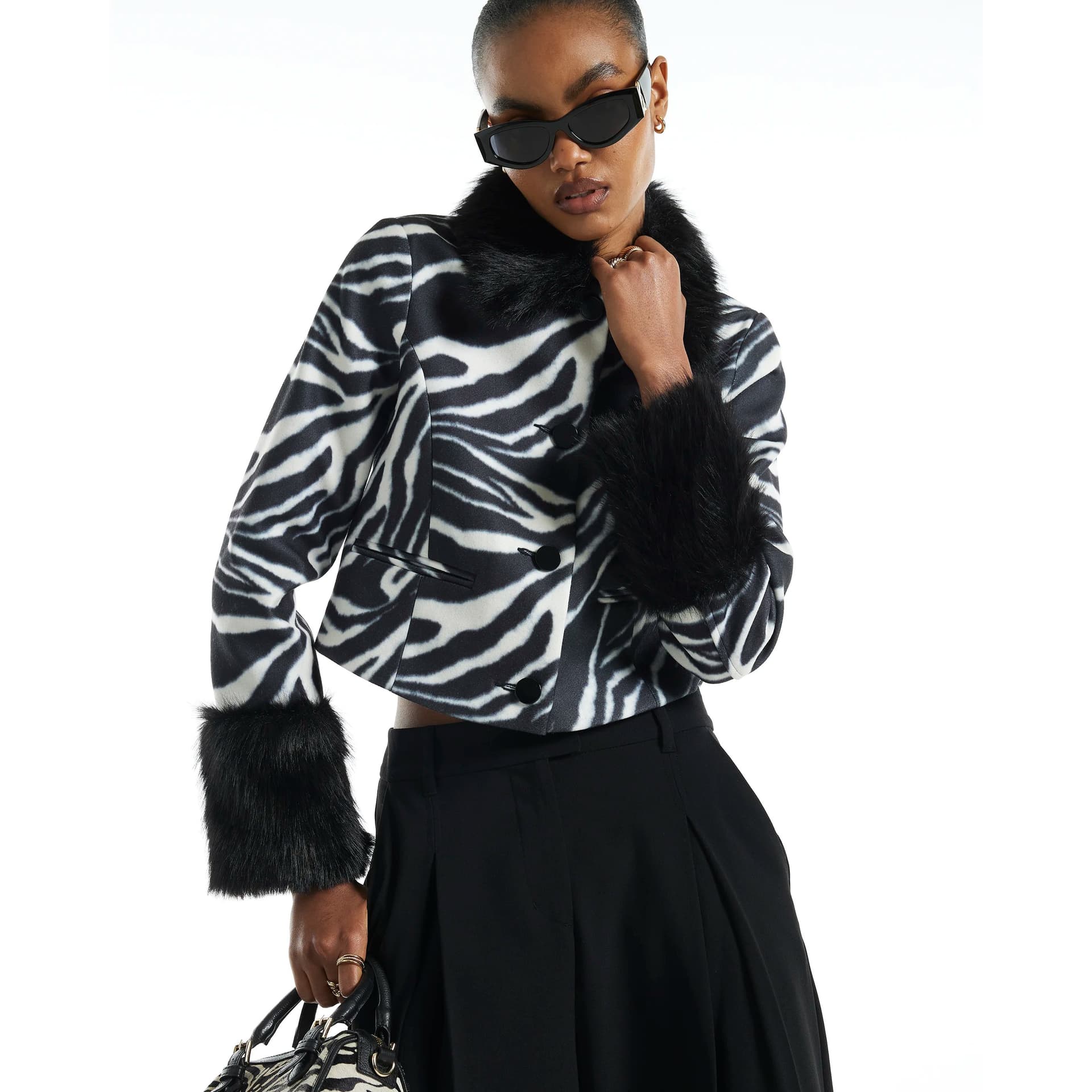 River Island River Island Womens Black Zebra Print Faux Fur Cuff Coat