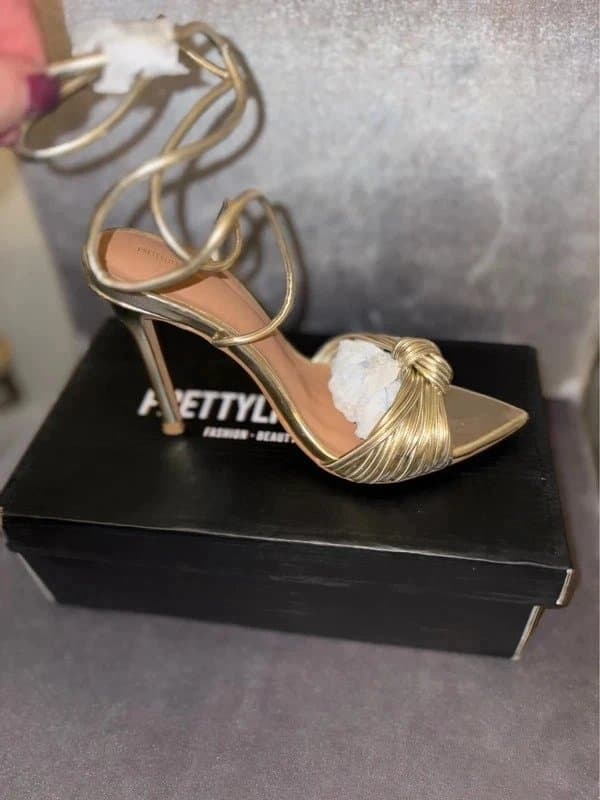 PLT Gold Metallic knot front espadrille tie up strap heel point toe shoe faux leather 3 wedding evening