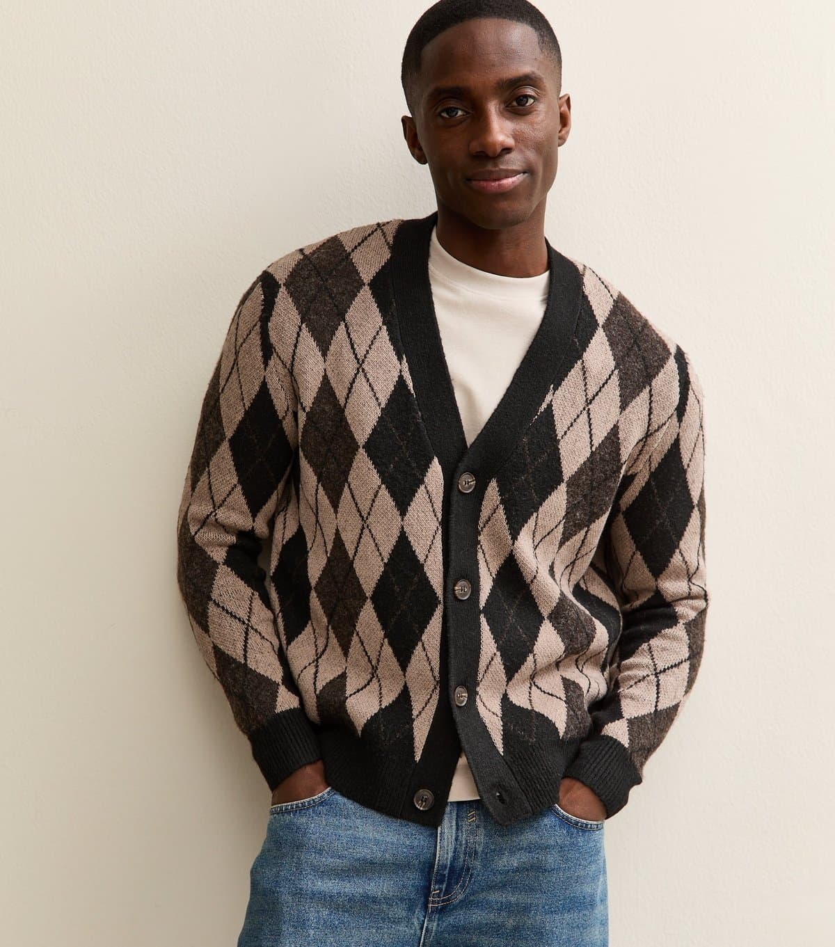 Only and Sons Men's Dark Brown Relaxed Argyle Pattern Cardigan Only and Sons New Look