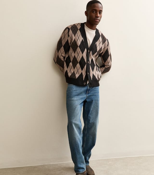 Only and Sons Men's Dark Brown Relaxed Argyle Pattern Cardigan Only and Sons New Look - 3