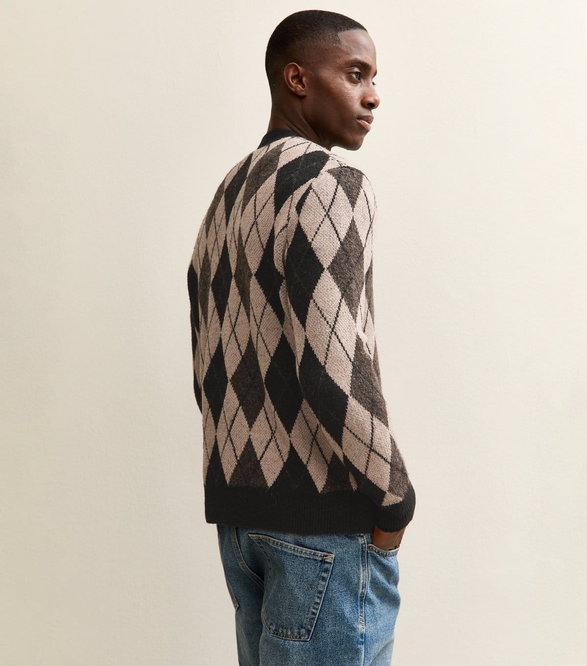 Only and Sons Men's Dark Brown Relaxed Argyle Pattern Cardigan Only and Sons New Look - 4