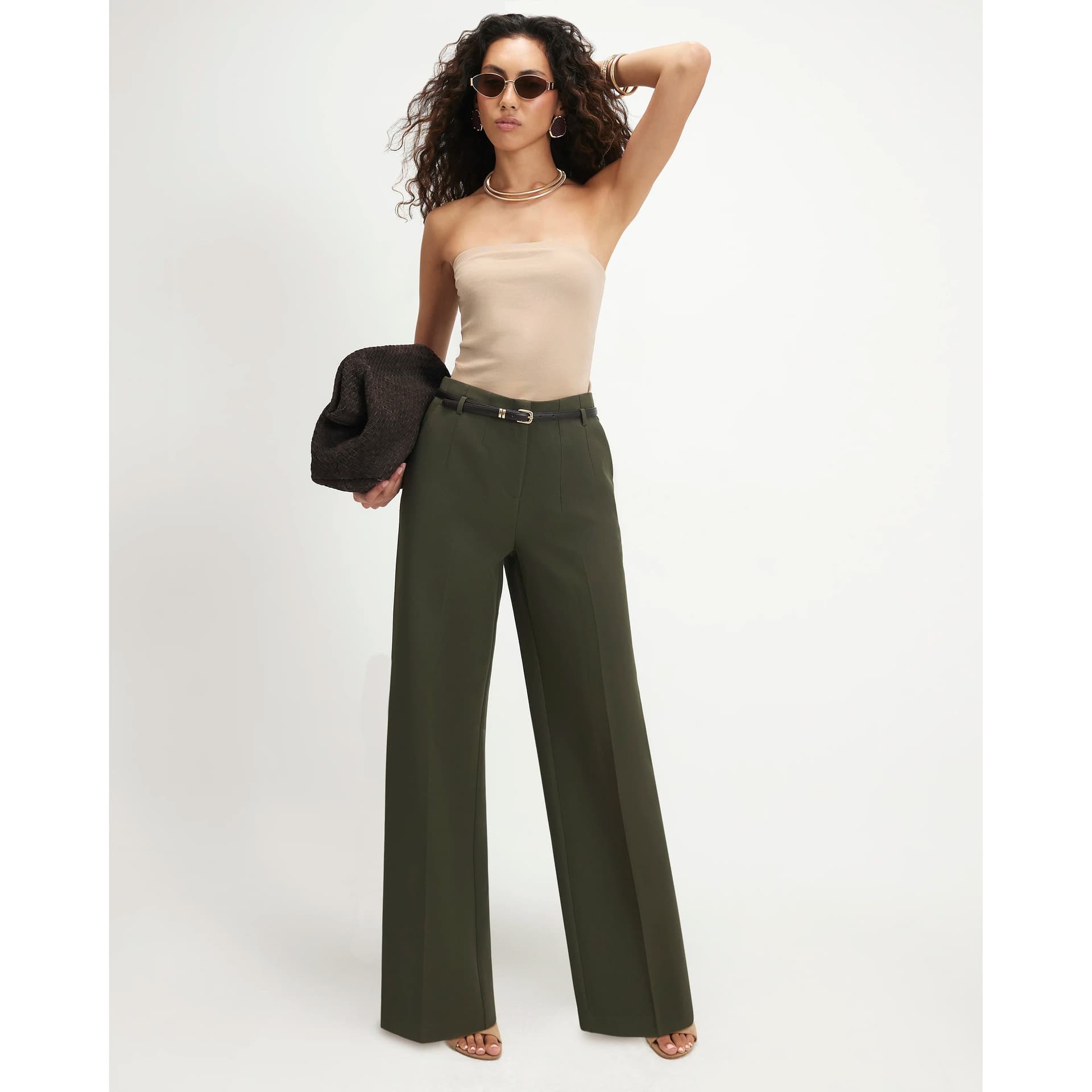 River Island River Island Womens Green Belted Slim Leg Trousers