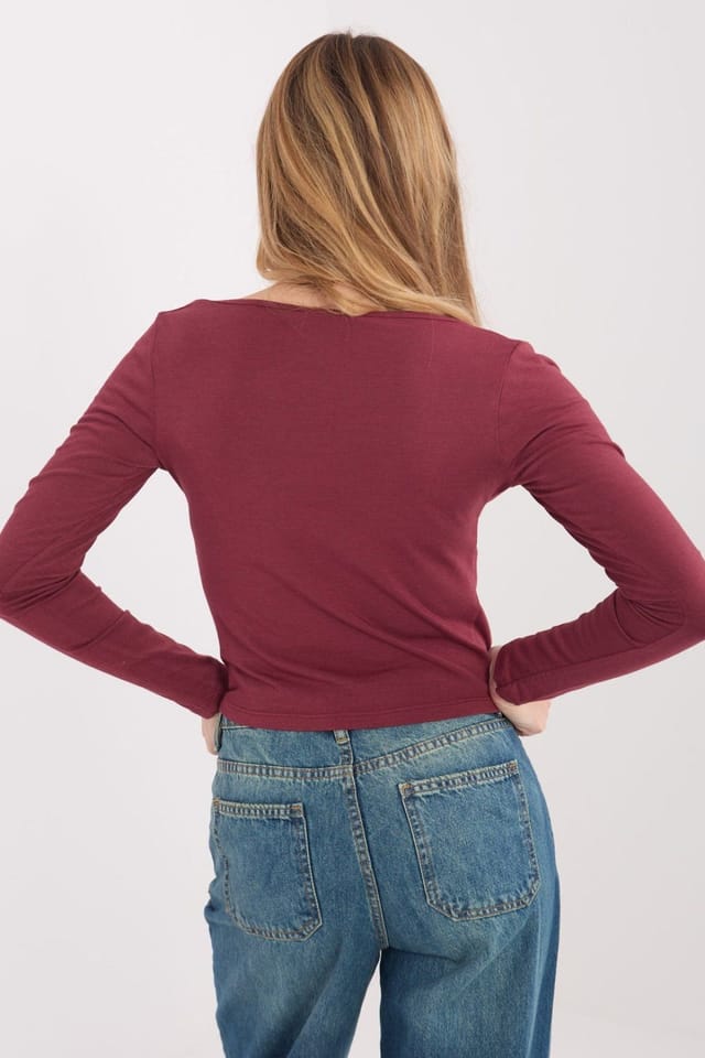 Love Lace Love Lace Women's Fitted Cotton Long Sleeve Short Blouse in Burgundy - 3