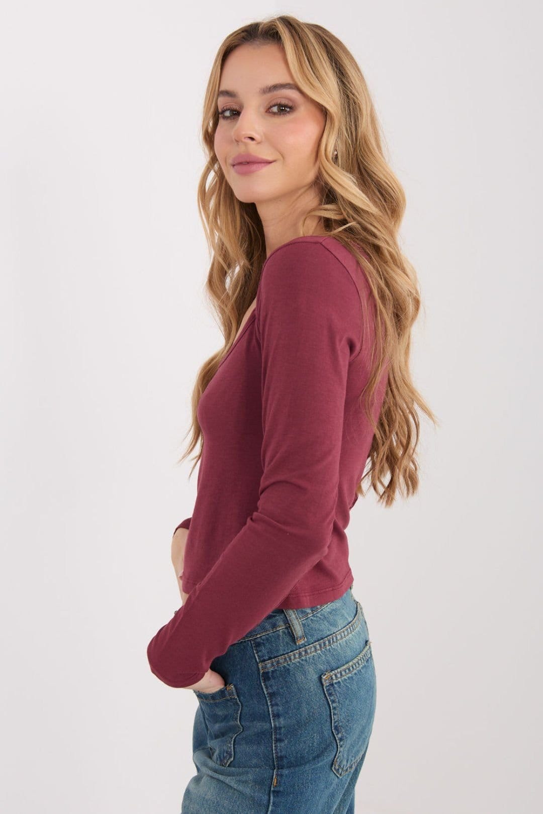 Love Lace Love Lace Women's Fitted Cotton Long Sleeve Short Blouse in Burgundy - 4