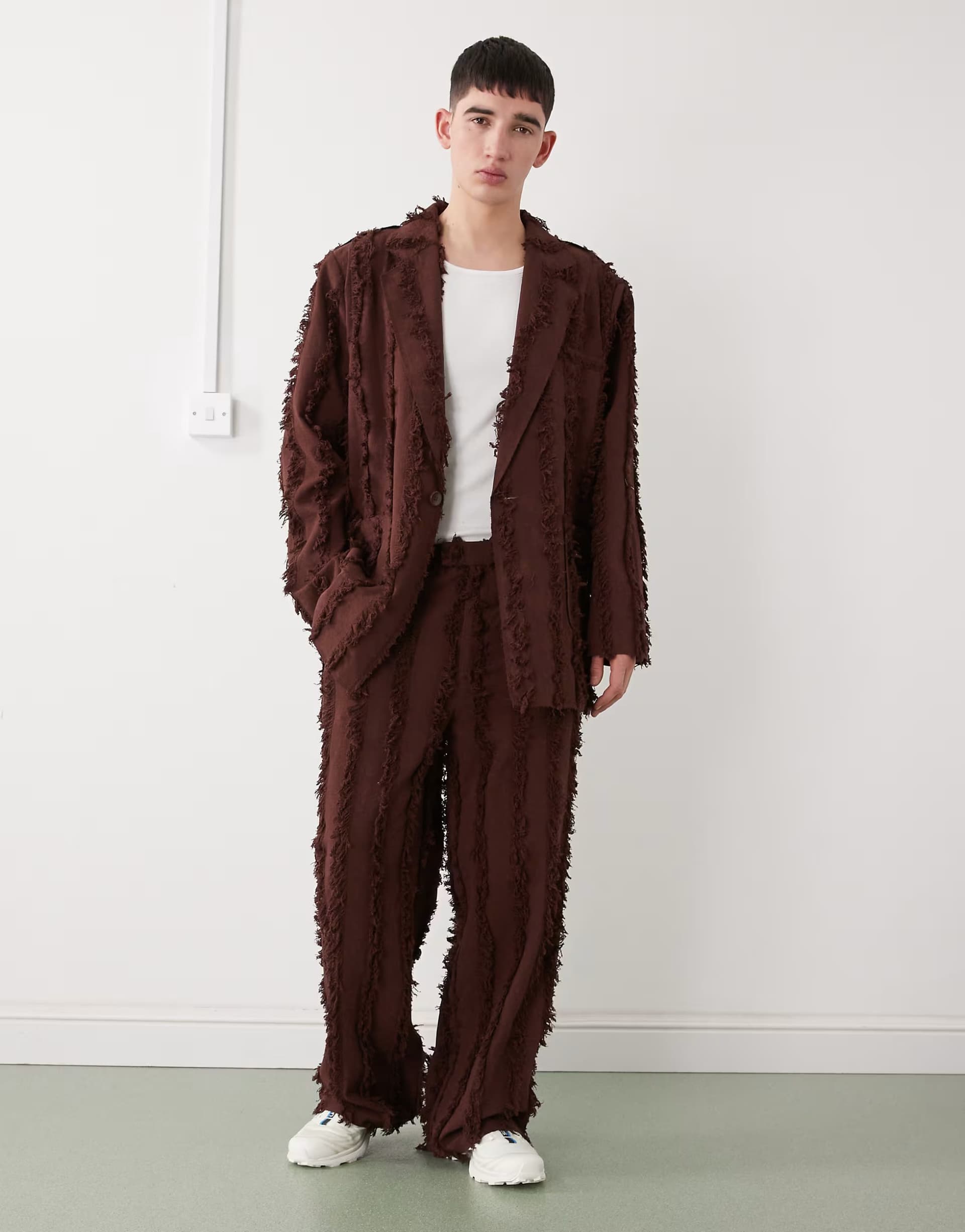 ASOS Reclaimed Vintage oversized suit in brown with fraying