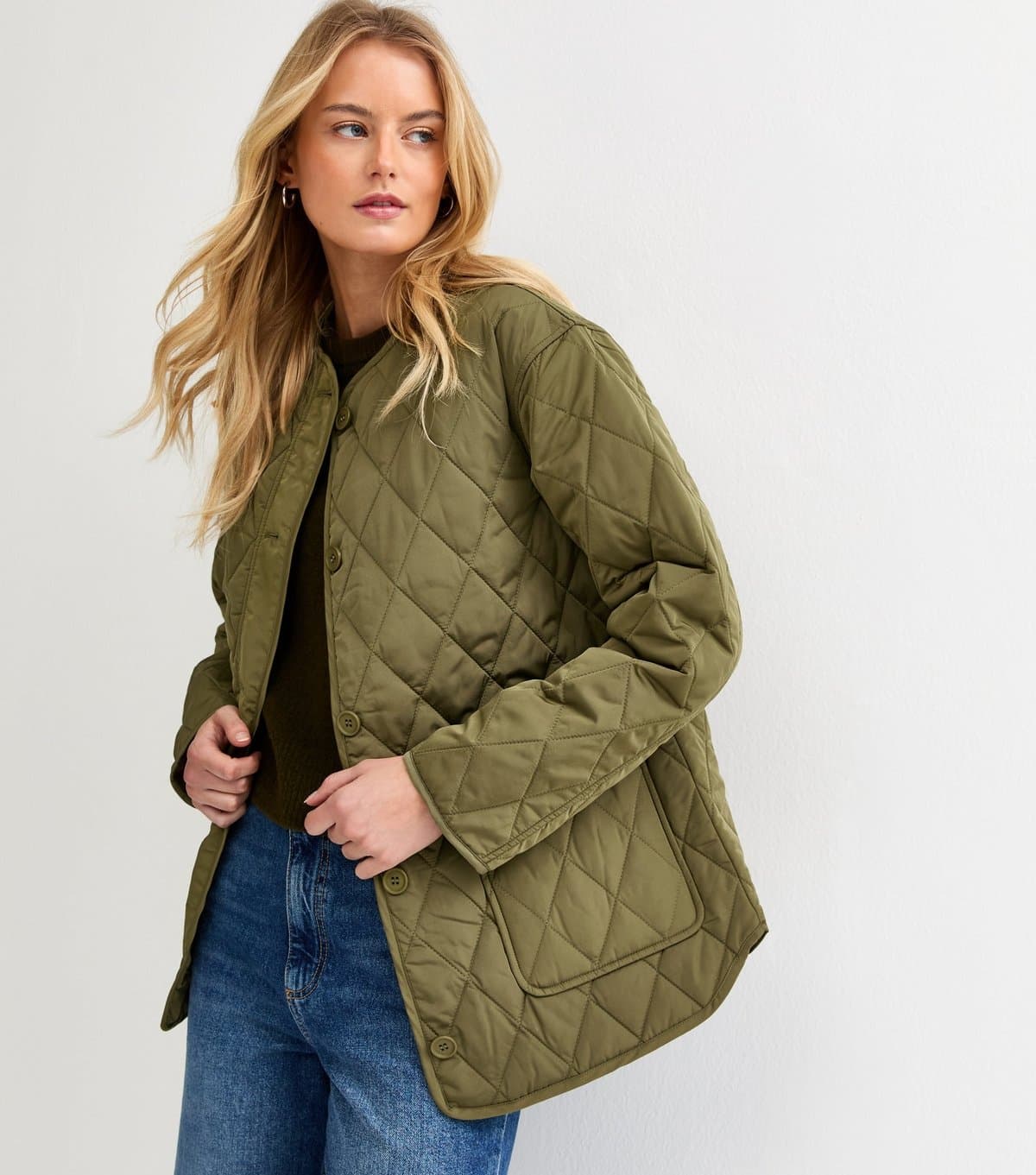 New Look Women's Tall Khaki Collarless Quilted Jacket New Look