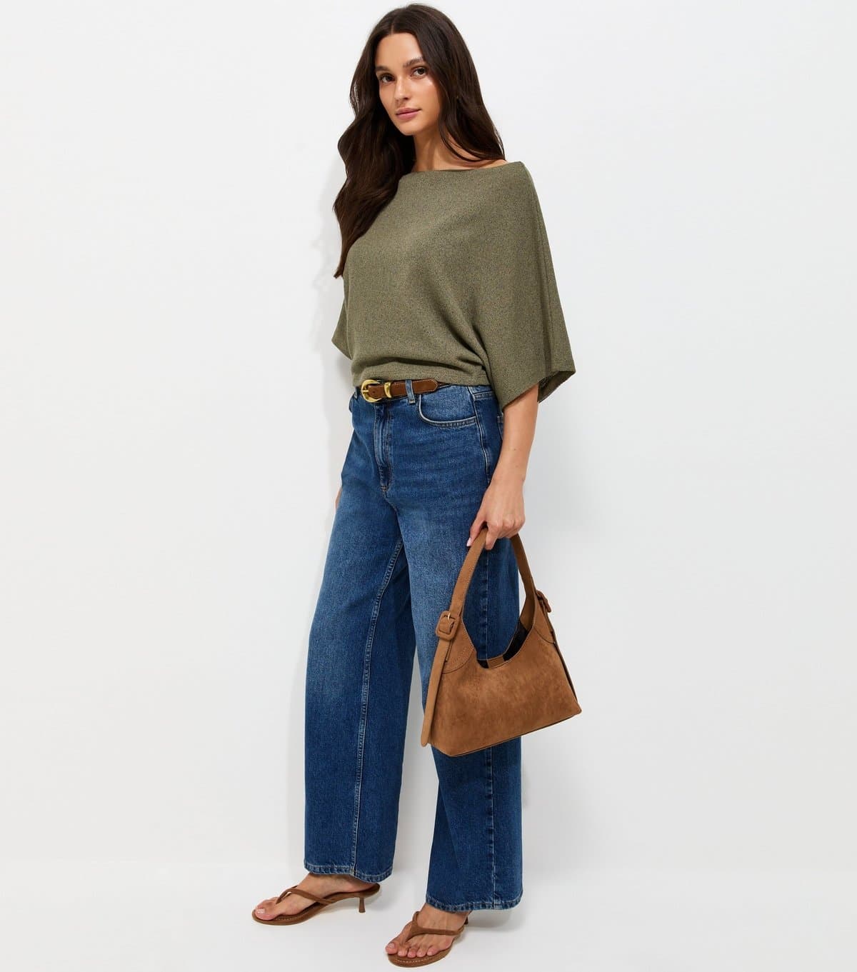 New Look Women's Light Khaki Slash Neck Textured Batwing Top New Look