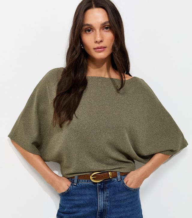 New Look Women's Light Khaki Slash Neck Textured Batwing Top New Look - 2