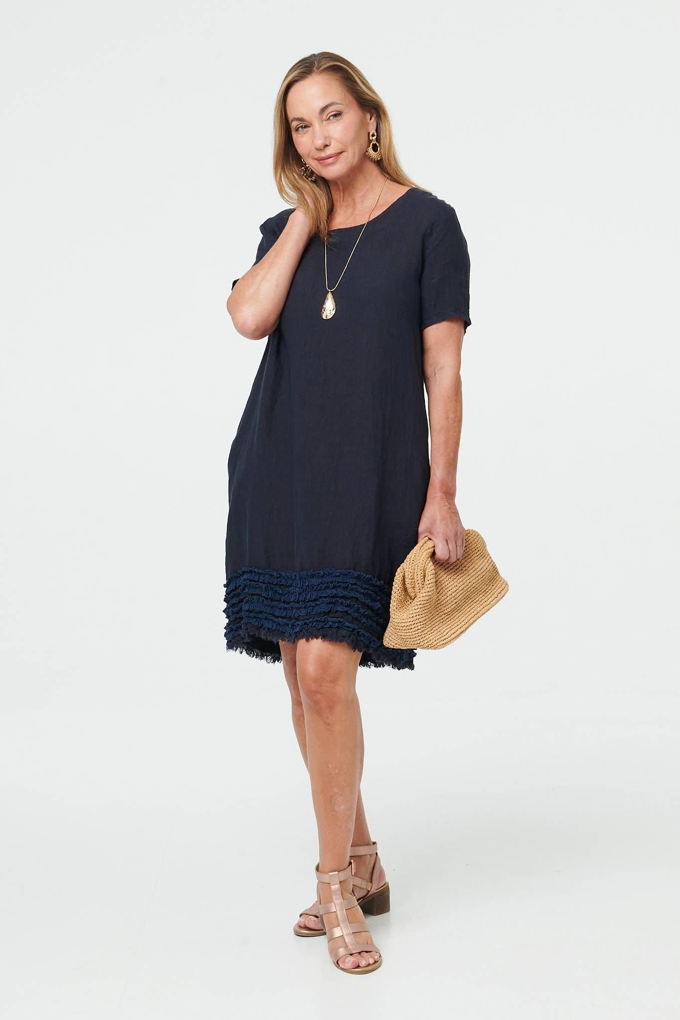 Izabel London Izabel London Women's Frill Hem Short Relaxed Shift Dress in Navy