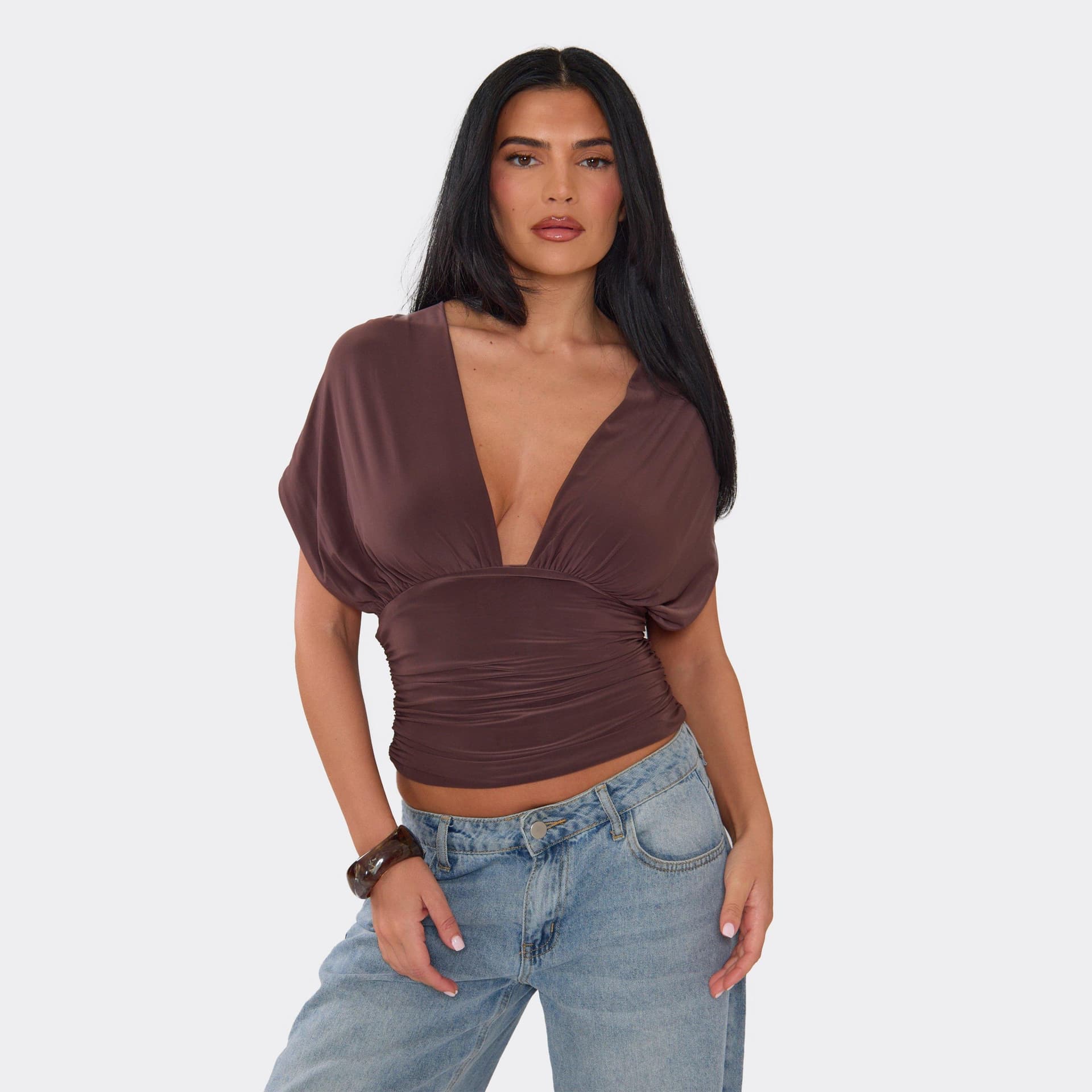 EGO Short Sleeve Open Tie Back Detail Top In Chocolate Brown Slinky, Women's Size UK 4