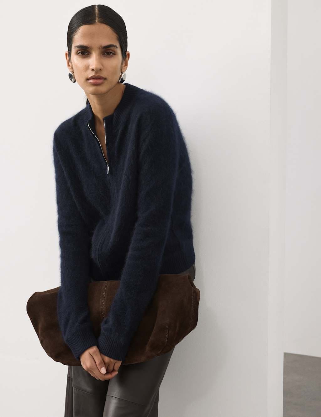 Marks & Spencer M&S Wool Rich Brushed Zip Up Cardigan With Cashmere Midnight Navy