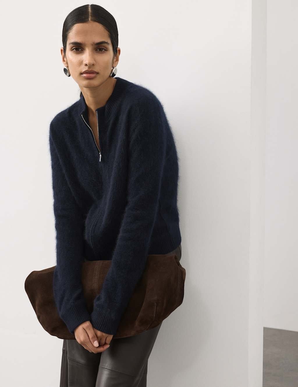 Marks & Spencer M&S Wool Rich Brushed Zip Up Cardigan with Cashmere Midnight Navy - 1