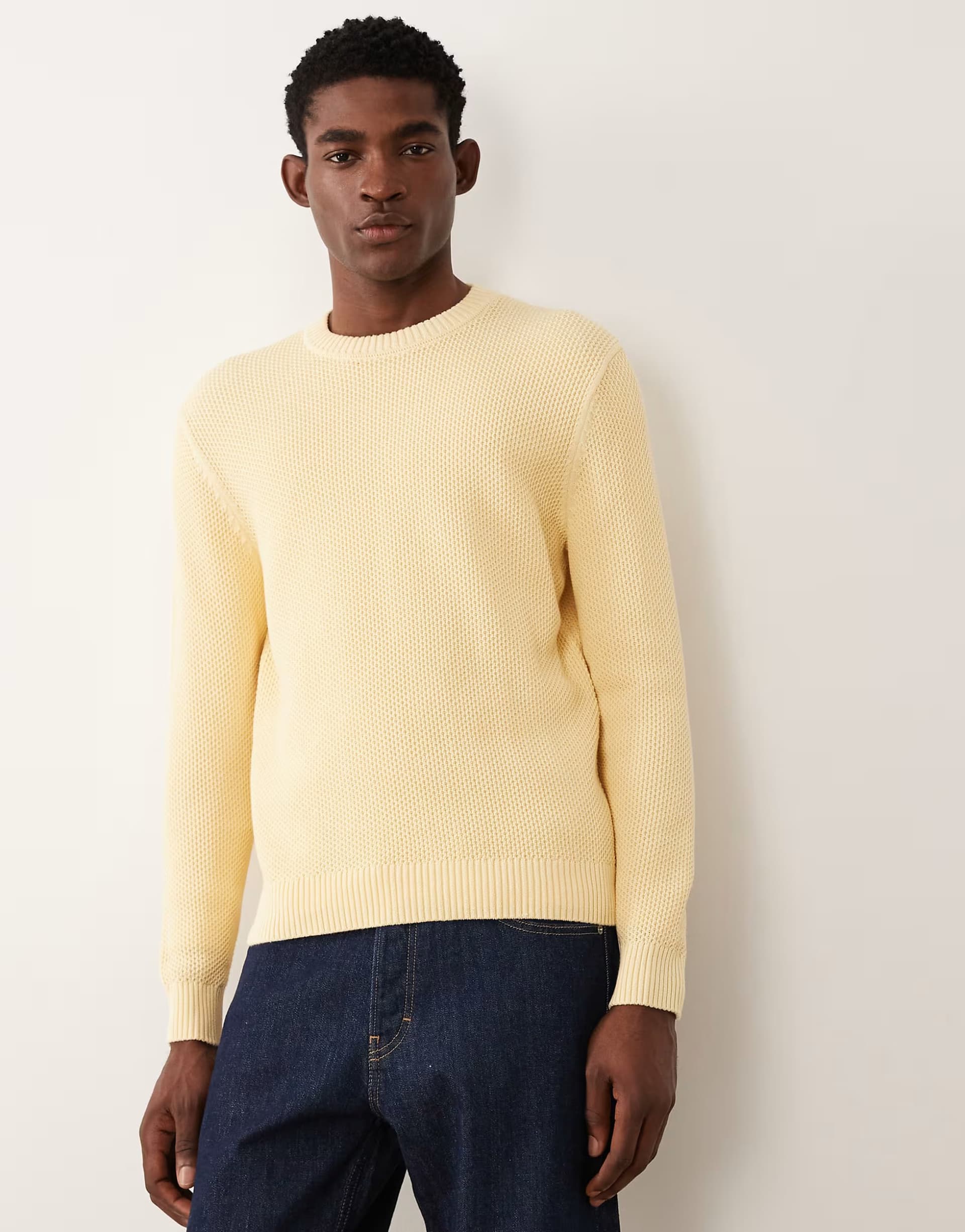 ASOS Mango waffle knit crew neck jumper in butter yellow
