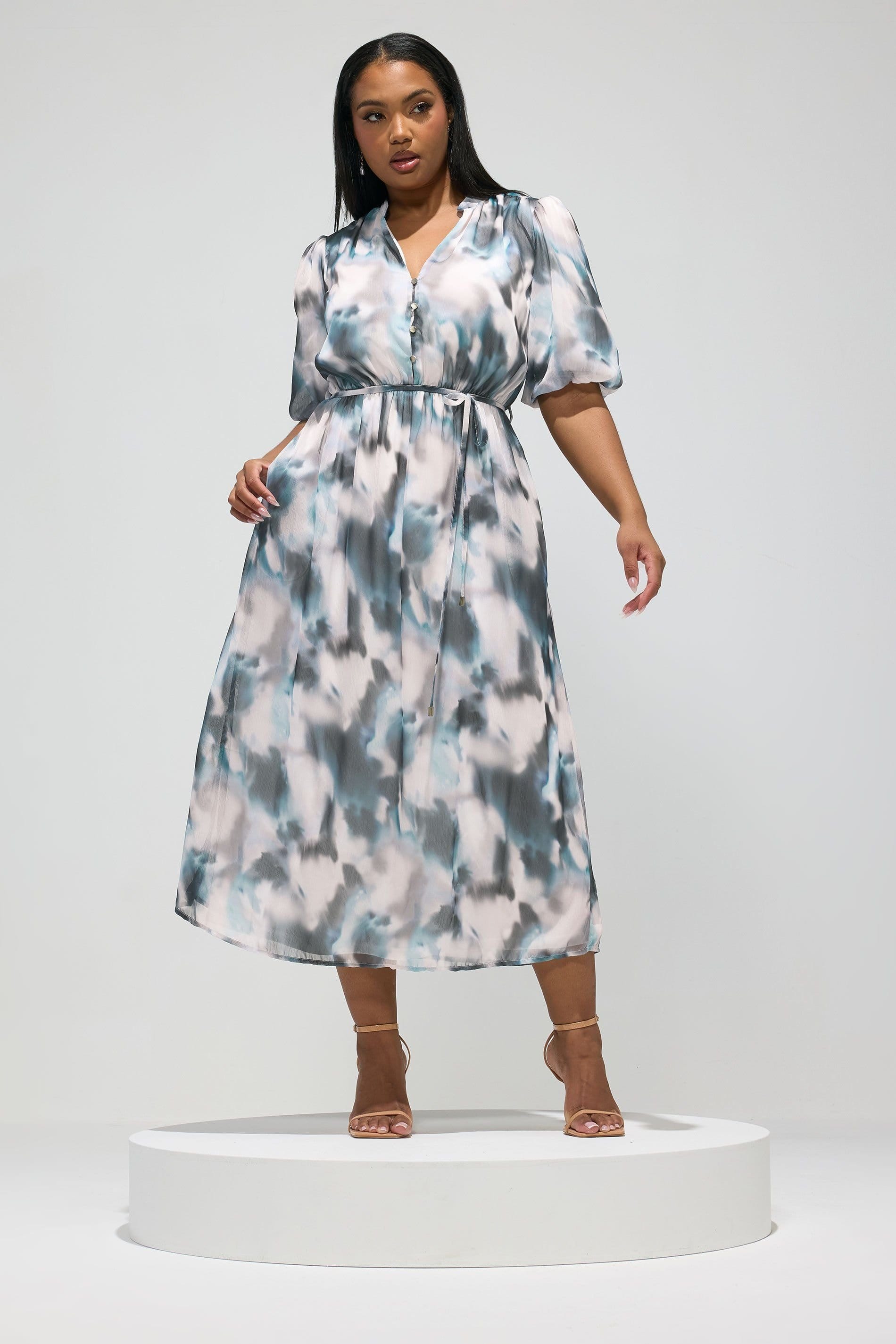 Yours Blue Abstract Puff Sleeve Shirt Dress