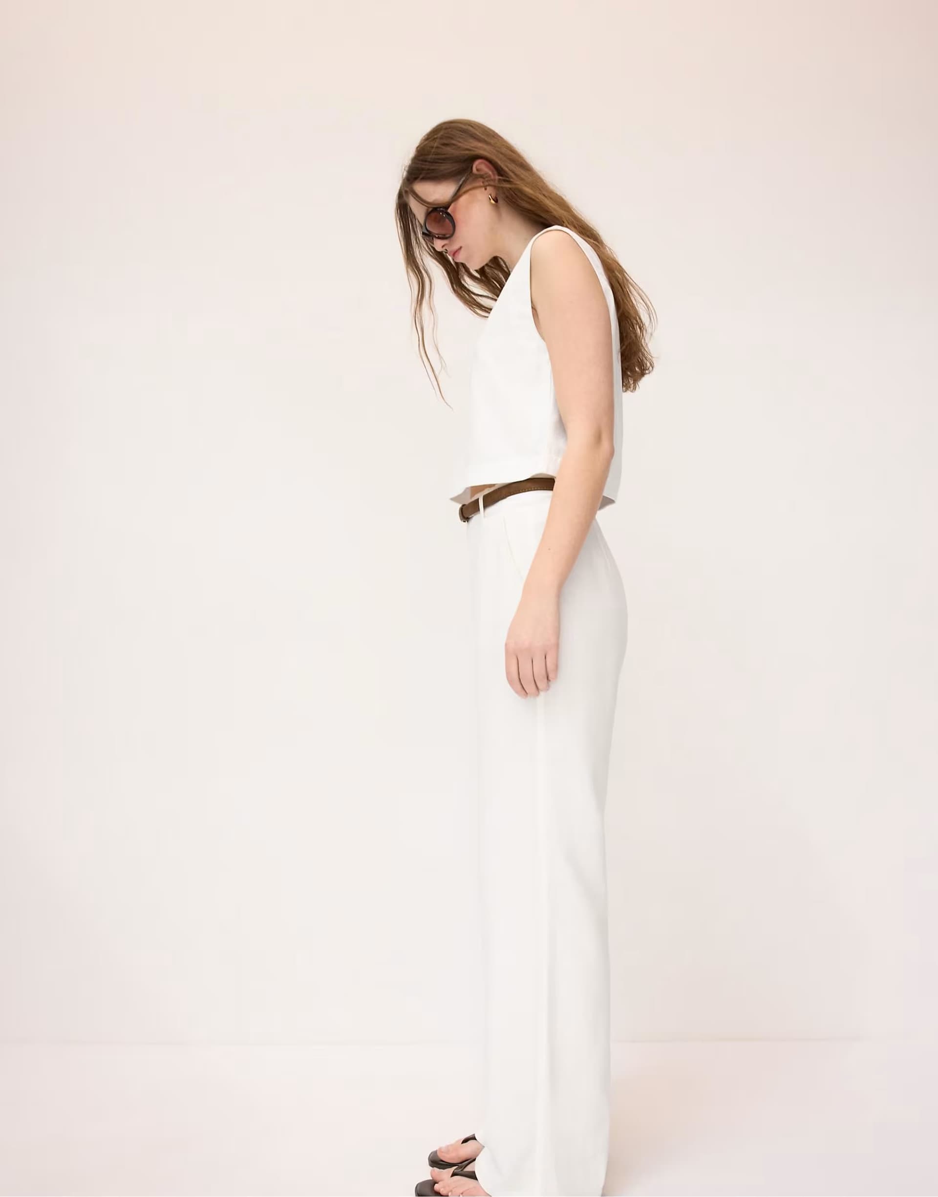 ASOS Stradivarius Straight-leg linen mix trousers with belt in ecru