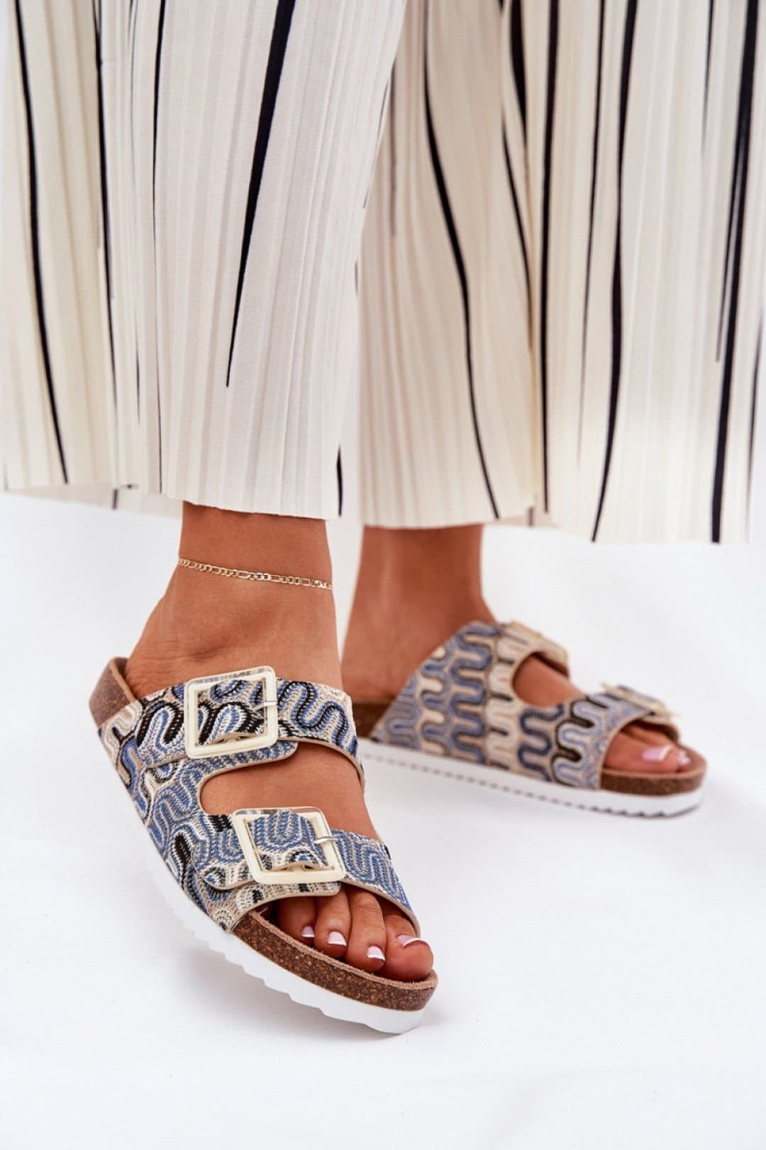 Love Lace Love Lace Women's Patterned Textile Flip Flops Cork Platform Sequined Buckles in Beige