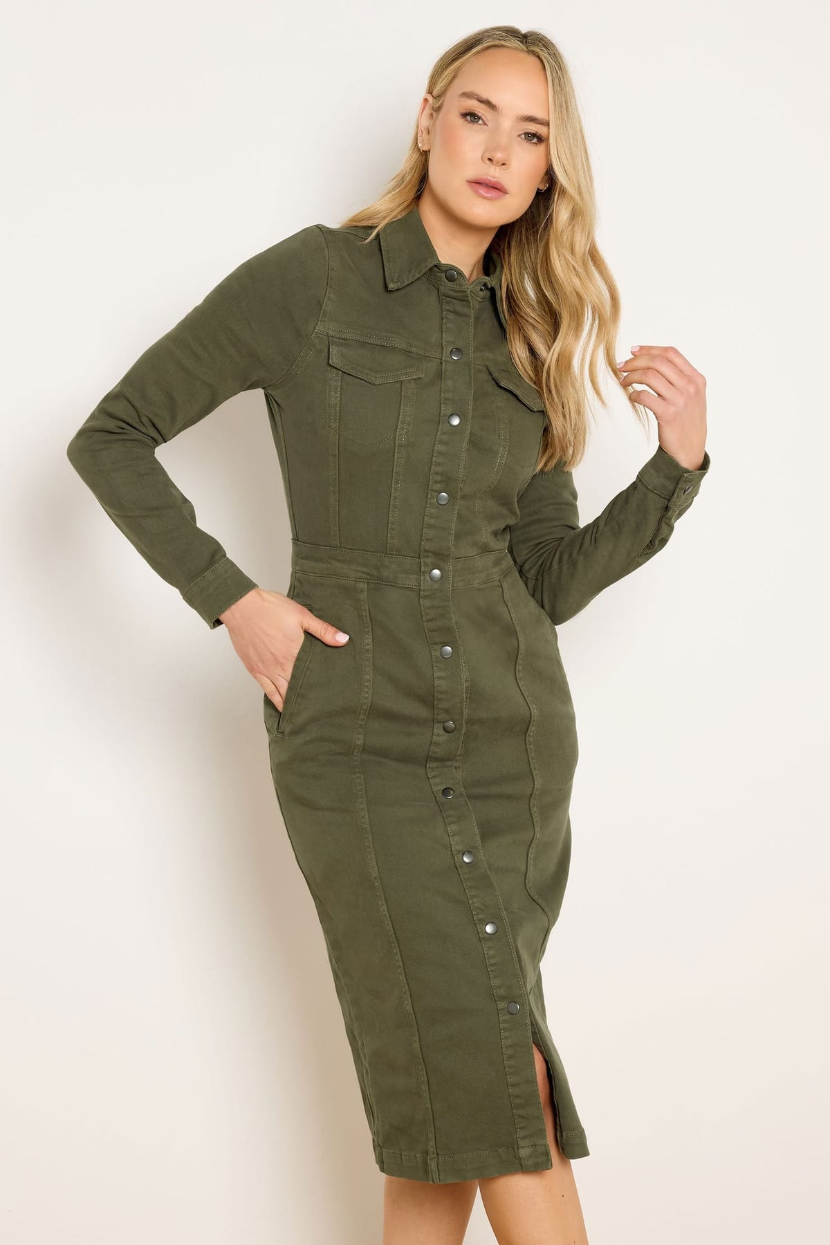 Long Tall Sally Long Tall Sally Women's Tall Denim Midi Dress in Olive - 1