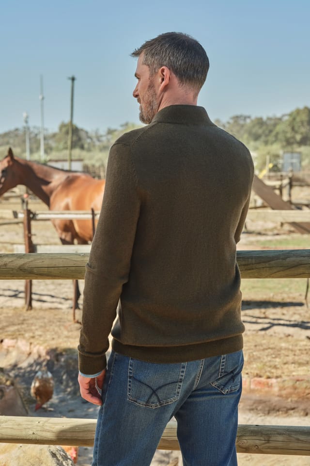 WoolOvers WoolOvers Men's Mens Cashmere & Merino Zip Neck Jumper in Olive - 3