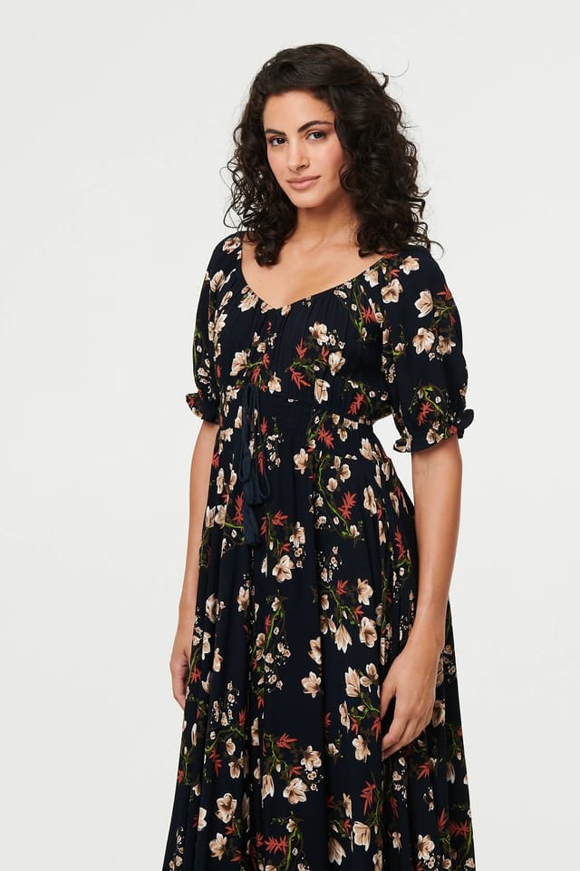 Izabel London Izabel London Women's Floral Bardot Shirred Empire Maxi Dress in Navy - 2