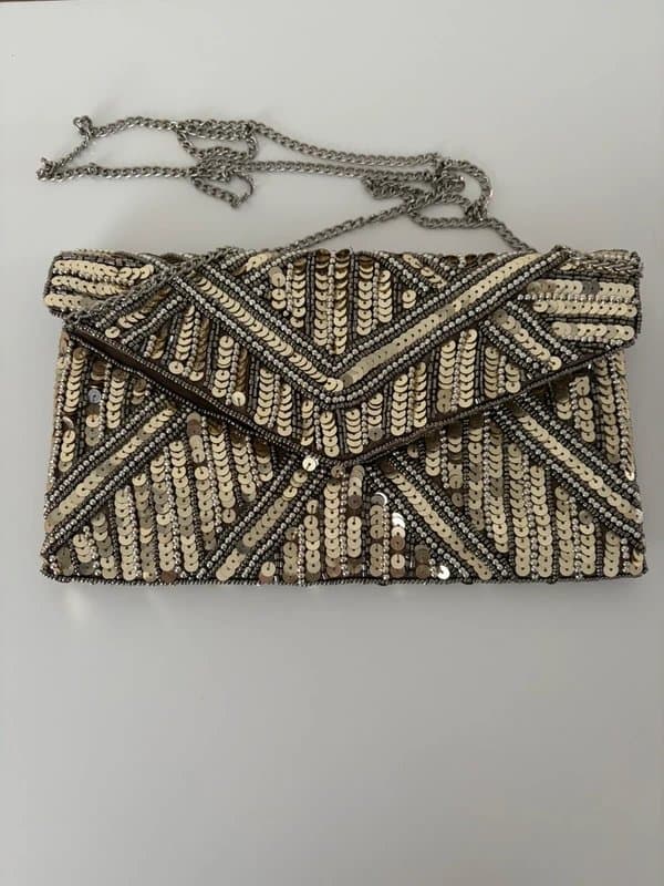 New Look New Look Beaded & Sequin Envelope Clutch Bag - Gold/Silver Geometric