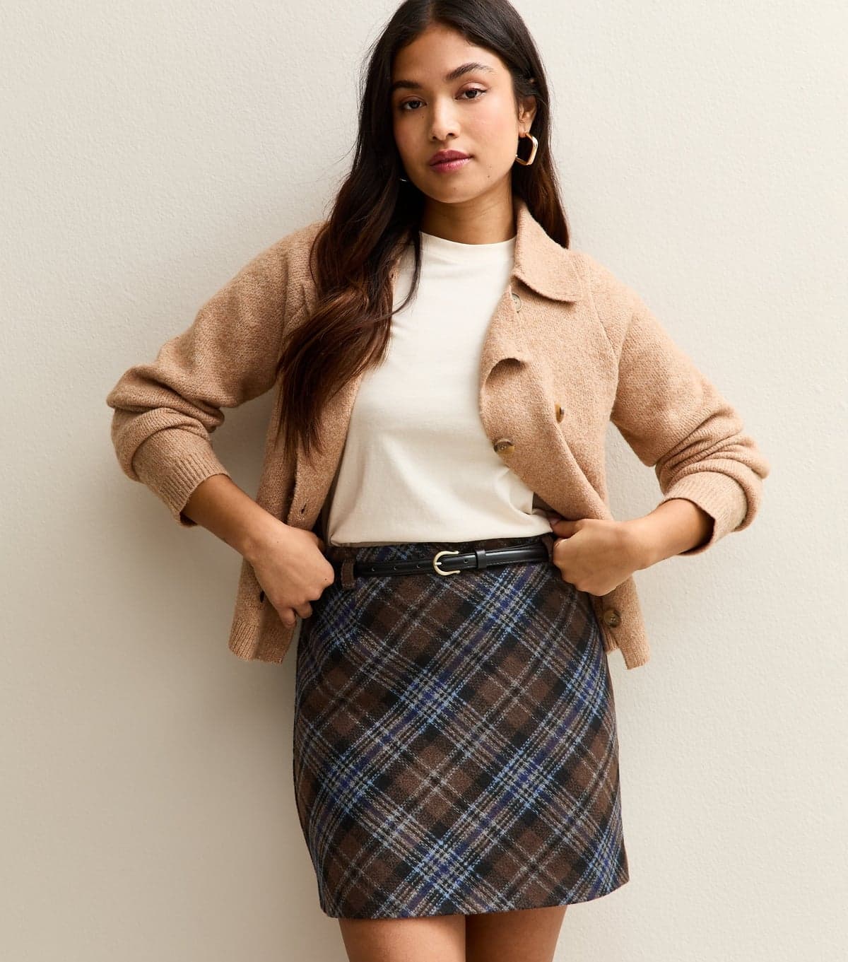 New Look Women's Petite Brown Check Belted Mini Skirt New Look