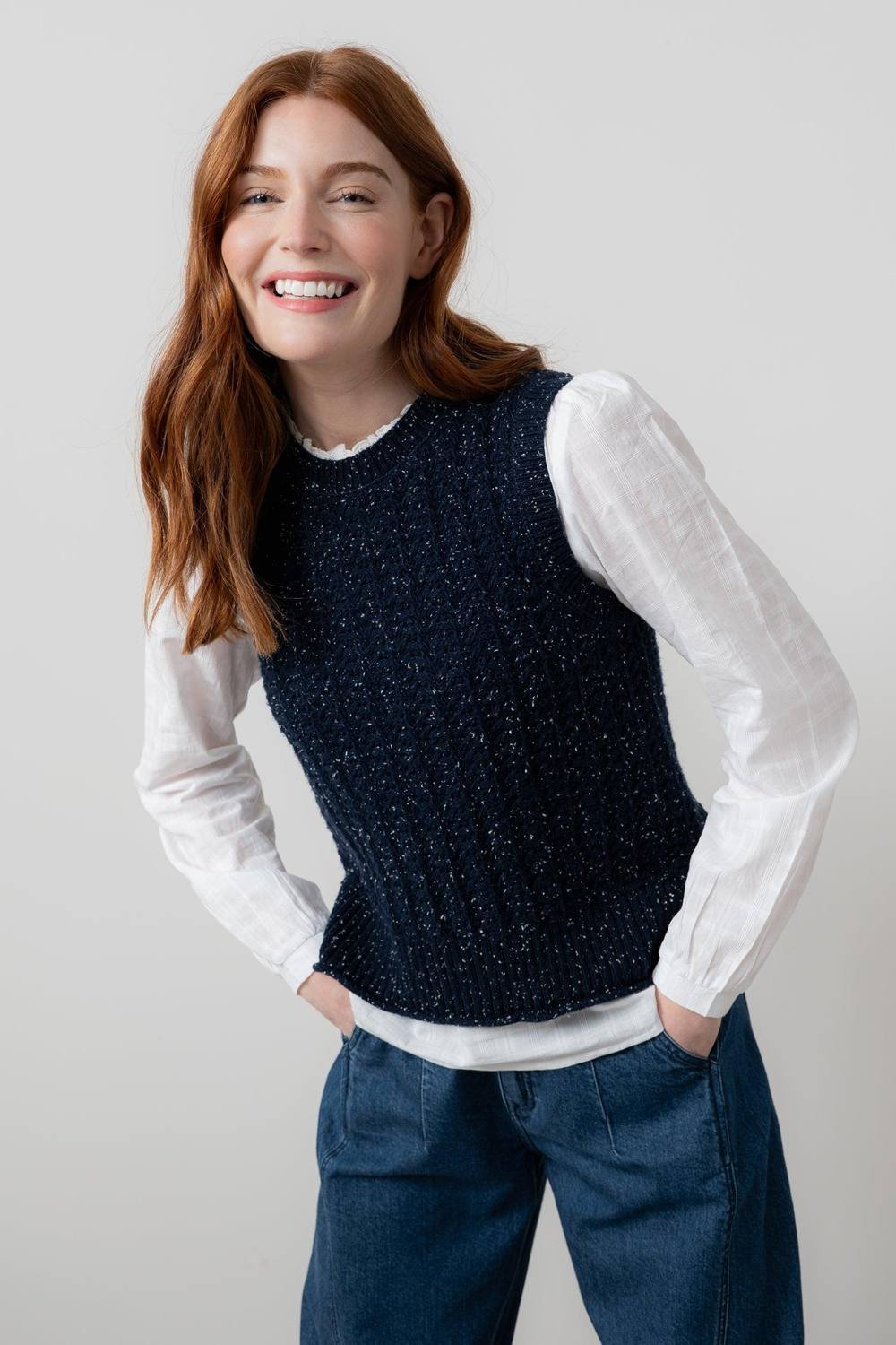 Lily & Me Lily & Me Women's Eva Crew Neck Cotton Rich Knitted Tank Top in Navy - 1