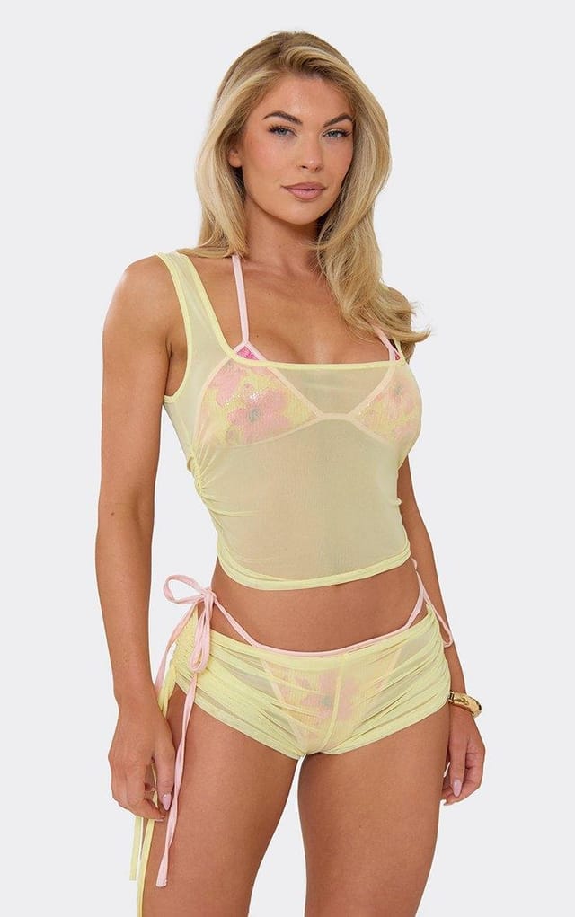 EGO Square Neck Sleeveless Cami Top In Lemon Mesh, Women's Size UK 6 - 2