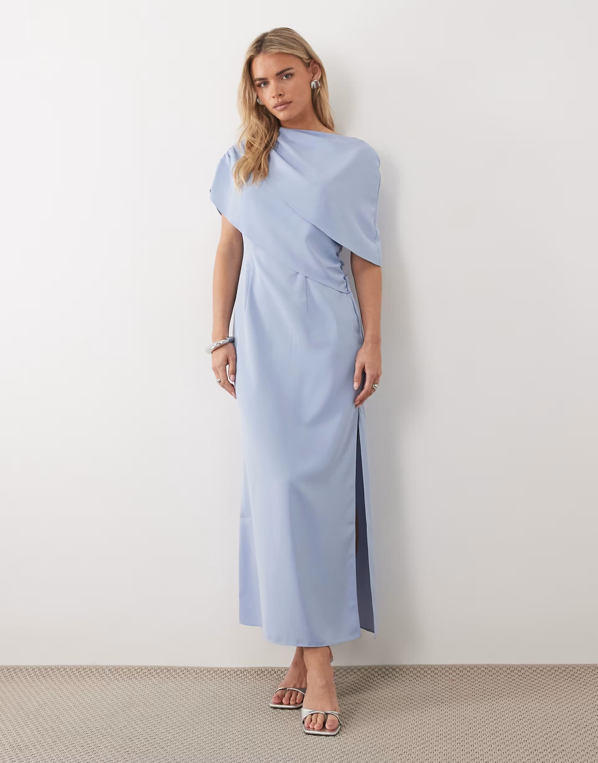 ASOS ASOS DESIGN Petite fallen shoulder midi dress in light blue