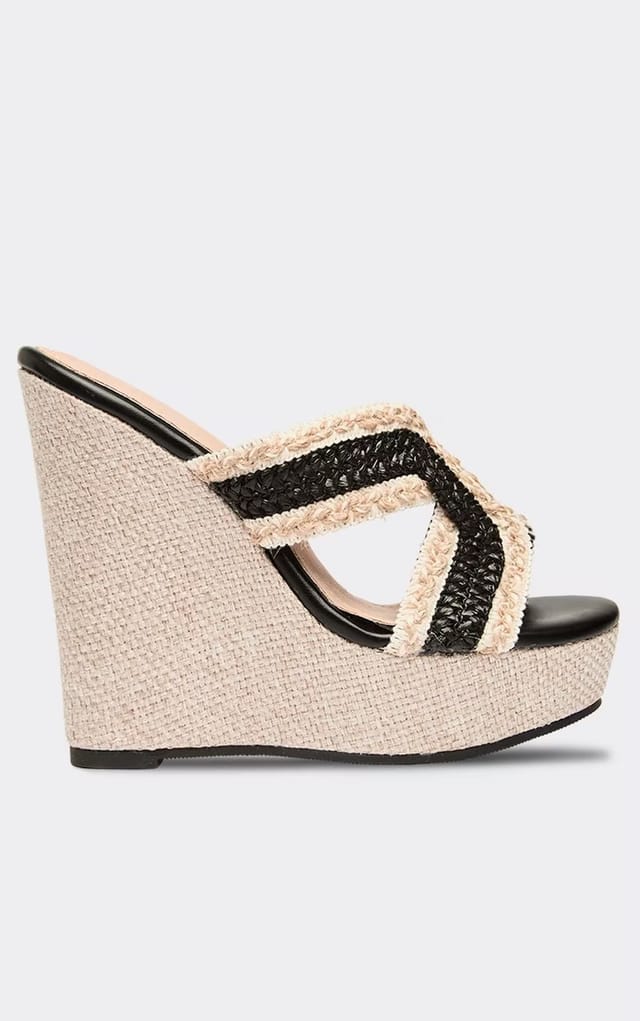 EGO Mulan Cross Strap Platform Wedge Heel In Black Woven, Women's Size UK 3 - 2