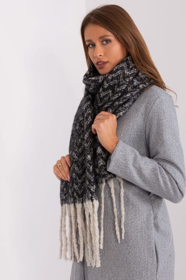 Love Lace Love Lace Women's Long Geometric Pattern Scarf with Tassel Fringe Wrap Warm in Black - 2