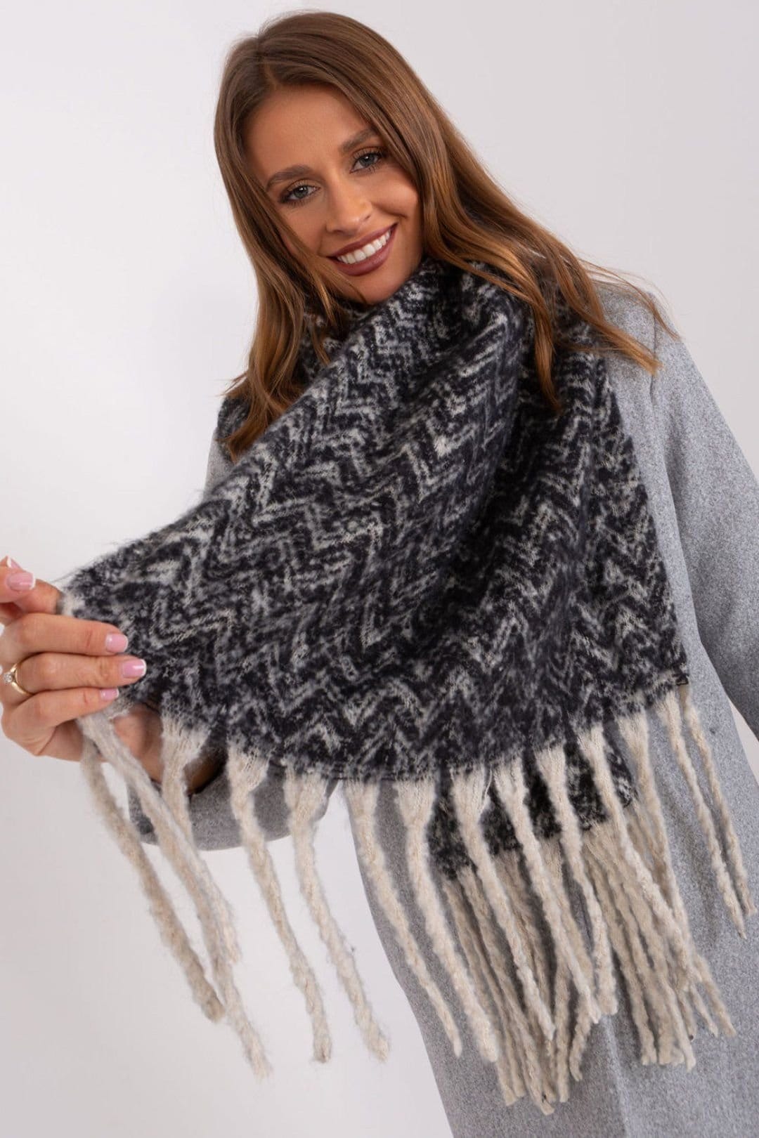 Love Lace Love Lace Women's Long Geometric Pattern Scarf with Tassel Fringe Wrap Warm in Black - 4