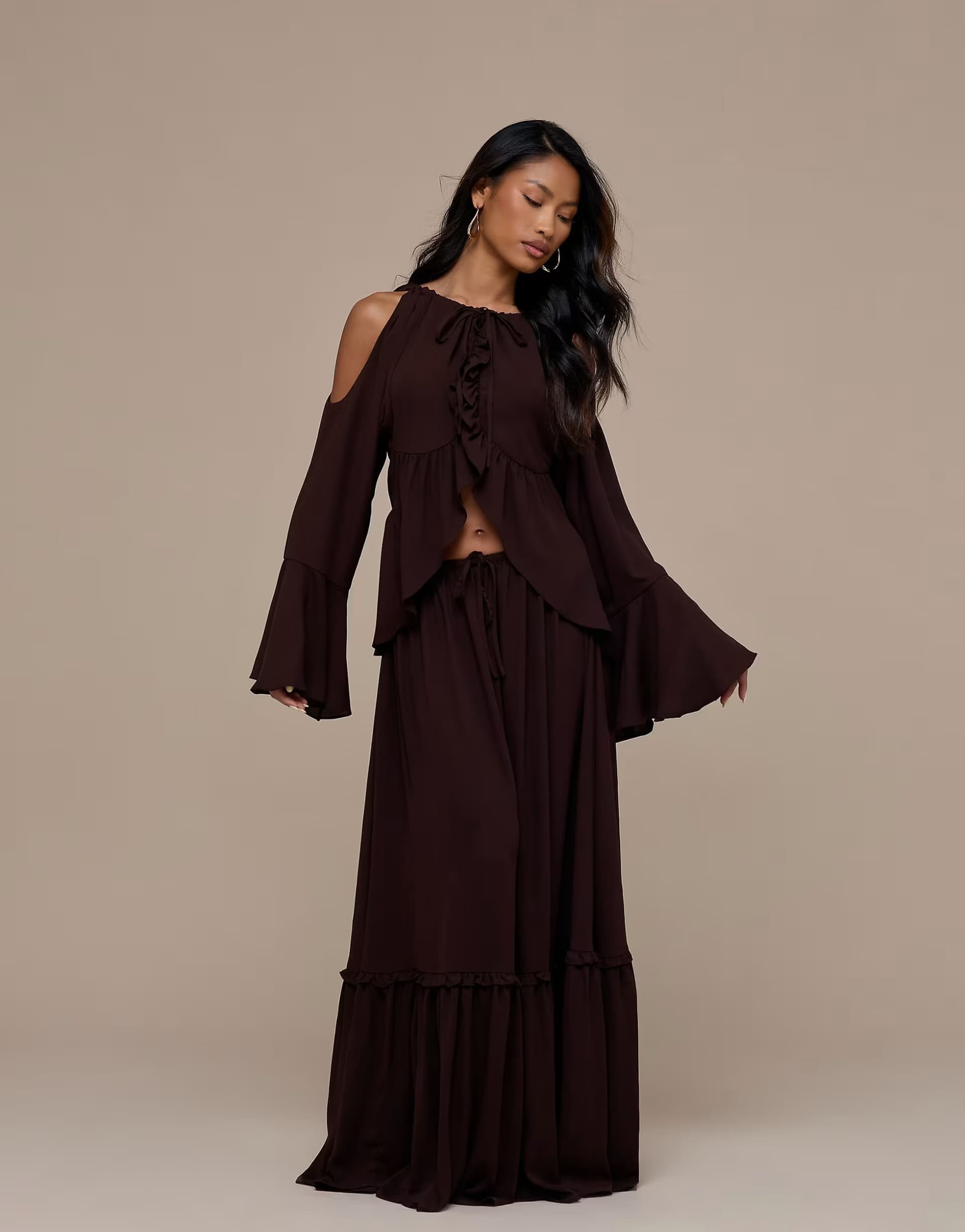 ASOS Wanderdoll Meadow tiered maxi skirt co-ord in chocolate