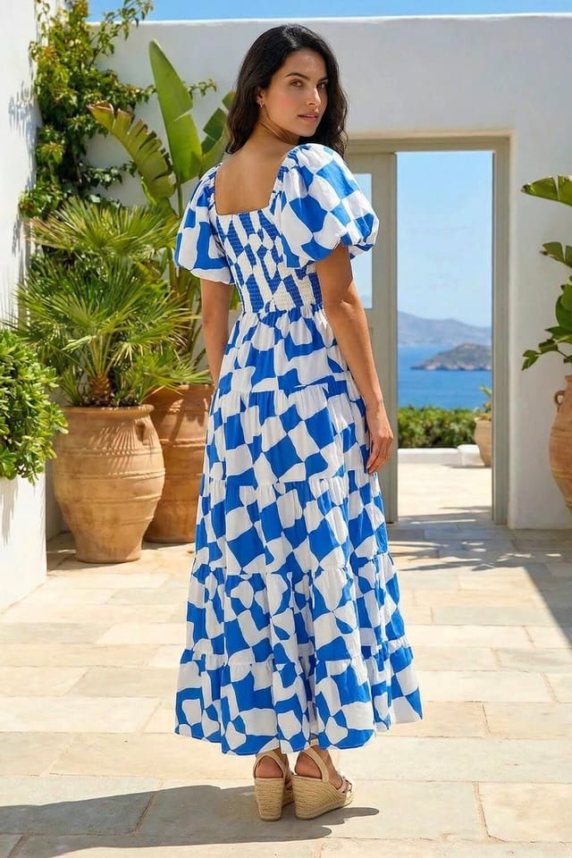 DUSK Dusk Women's Geo Print Tiered Dress in Blue - 3