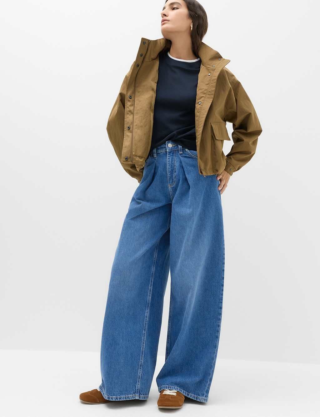 Marks & Spencer M&S High Waisted Pleat Front Wide Leg Jeans Medium Indigo