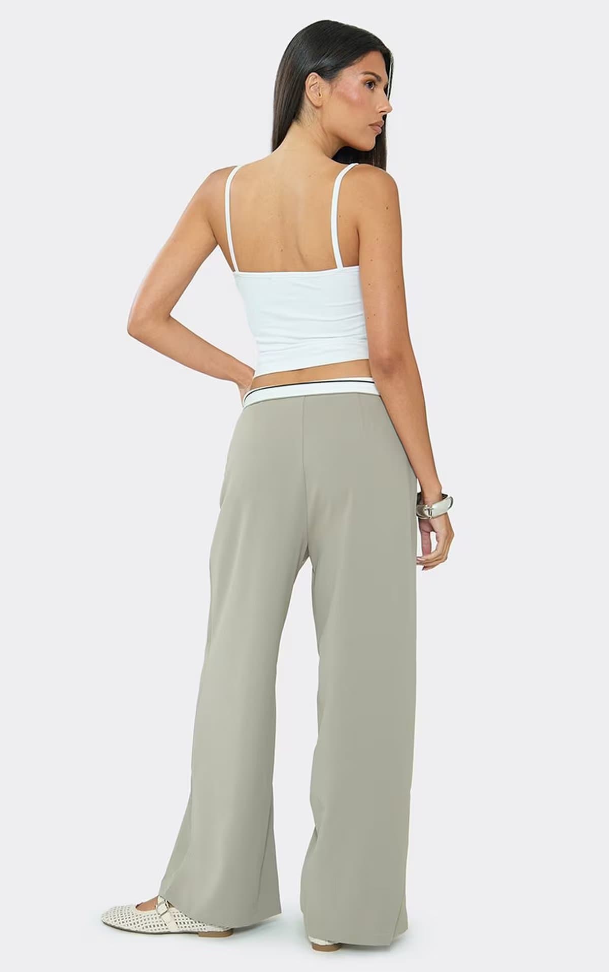 EGO Fold Over Waistband Wide Leg Tailored Trousers In Mocha, Women's Size UK 12