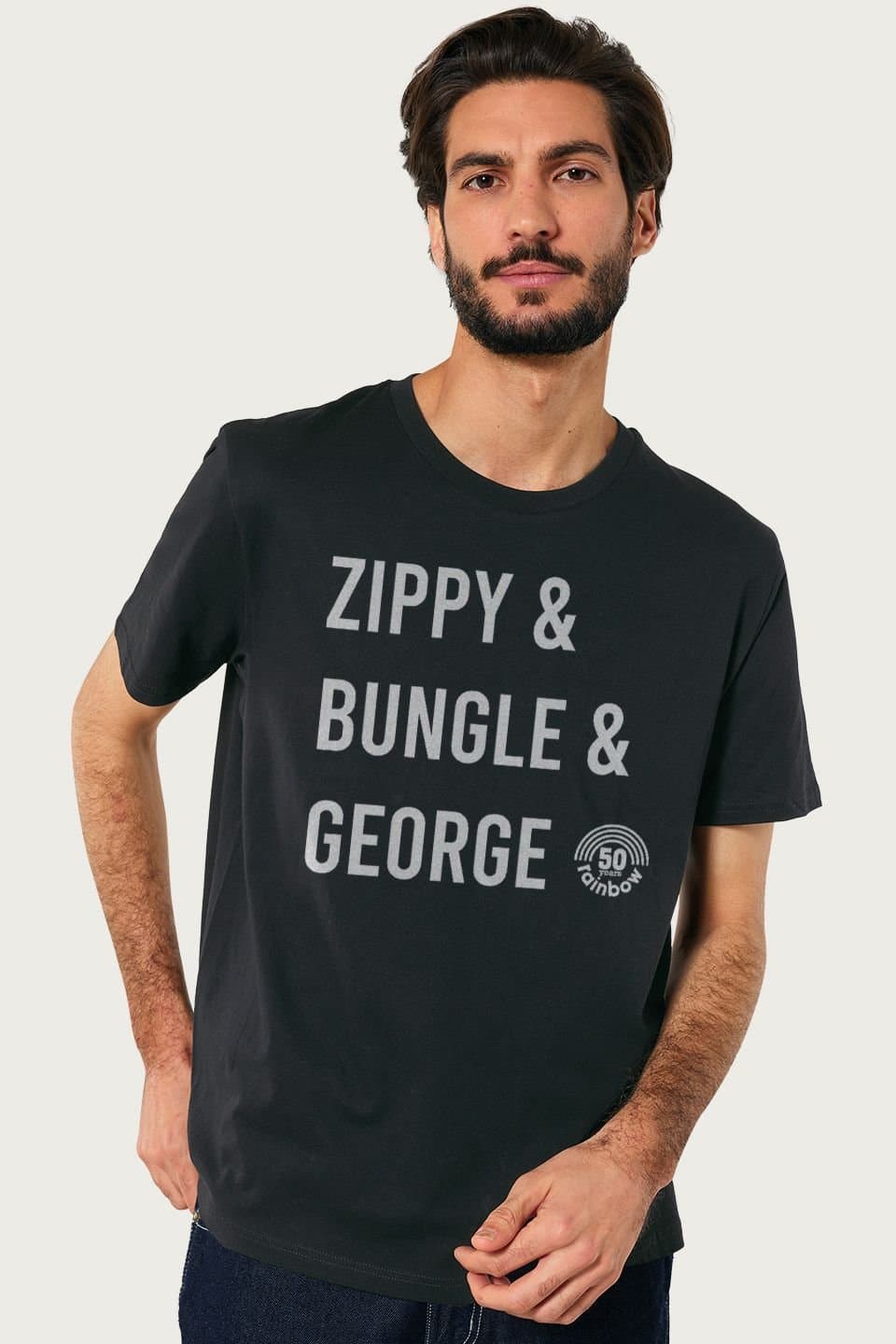 Rainbow Rainbow Men's 1972 50th Anniversary Zippy & Bungle & George T-Shirt in Black