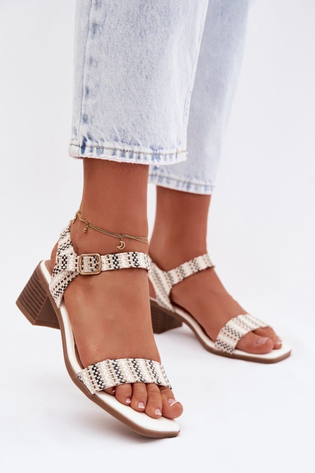 Love Lace Love Lace White Block Heel Sandals with Adjustable Buckle Strap