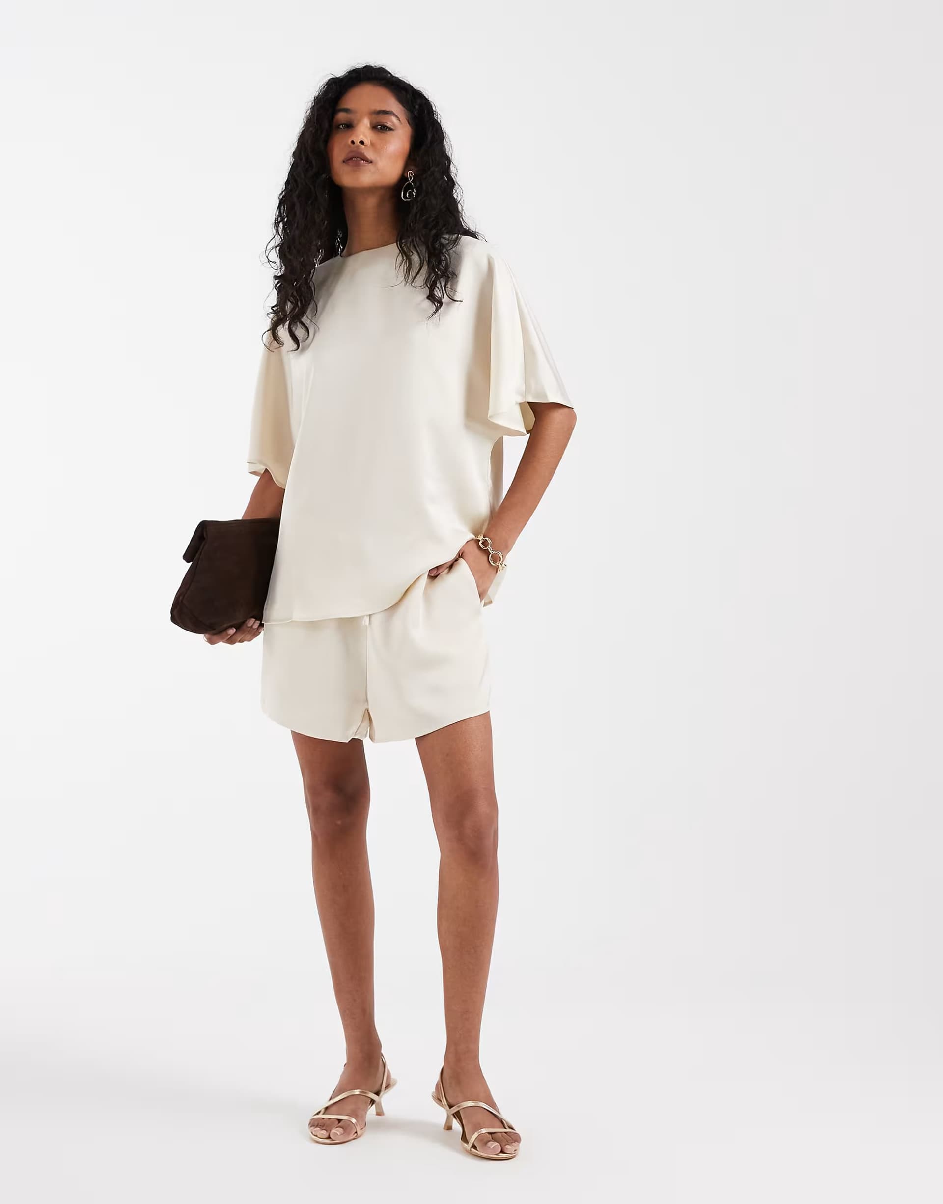 ASOS Pretty Lavish satin drawstring shorts co-ord in oyster