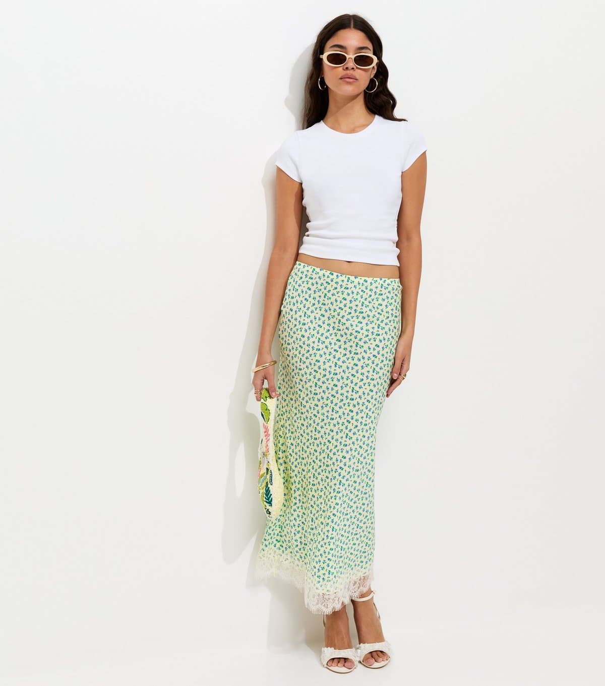 New Look Women's Yellow Ditsy Floral Bias Cut Midi Skirt New Look