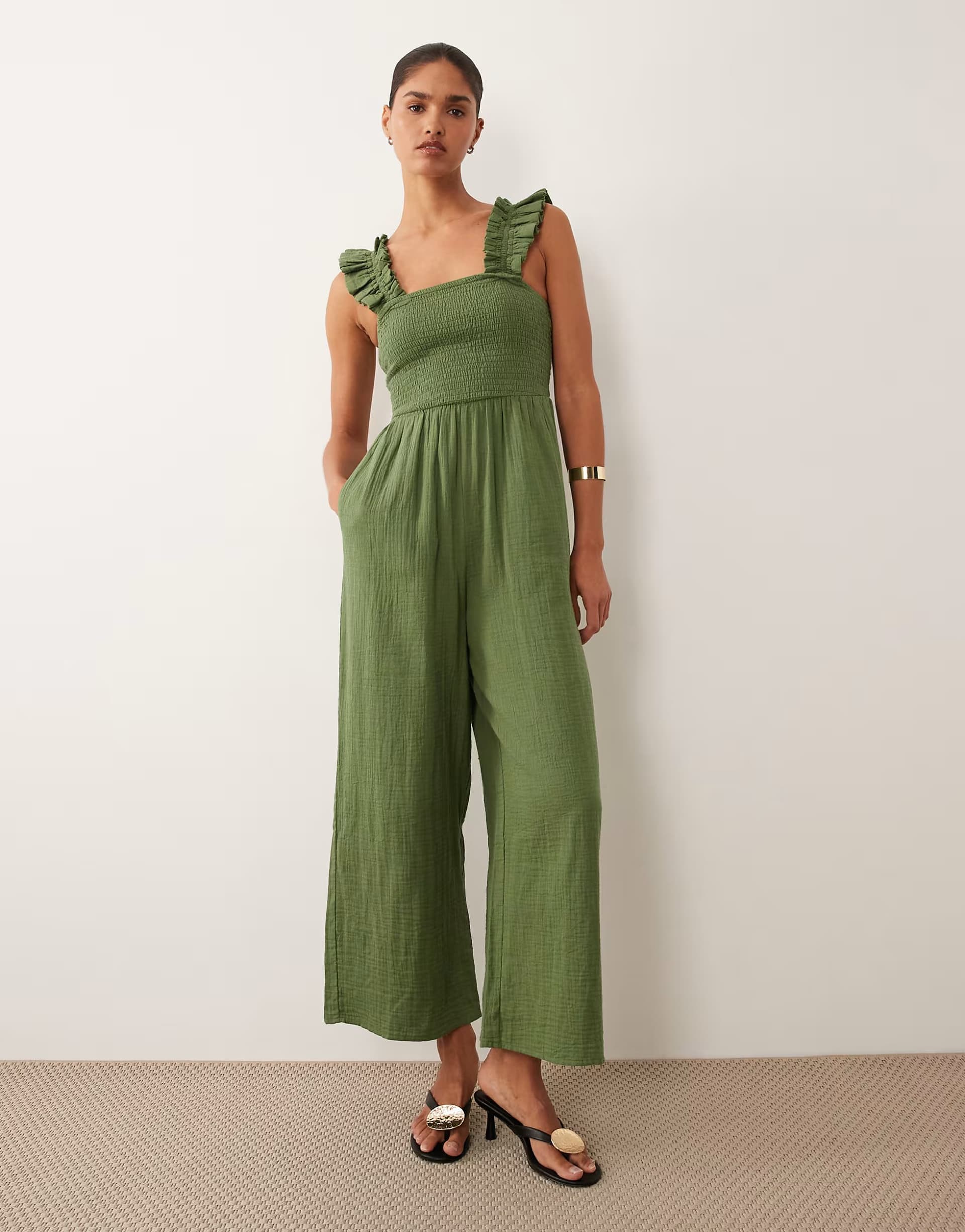 ASOS Nobody's Child Maya ruffle detail square neck jumpsuit in green