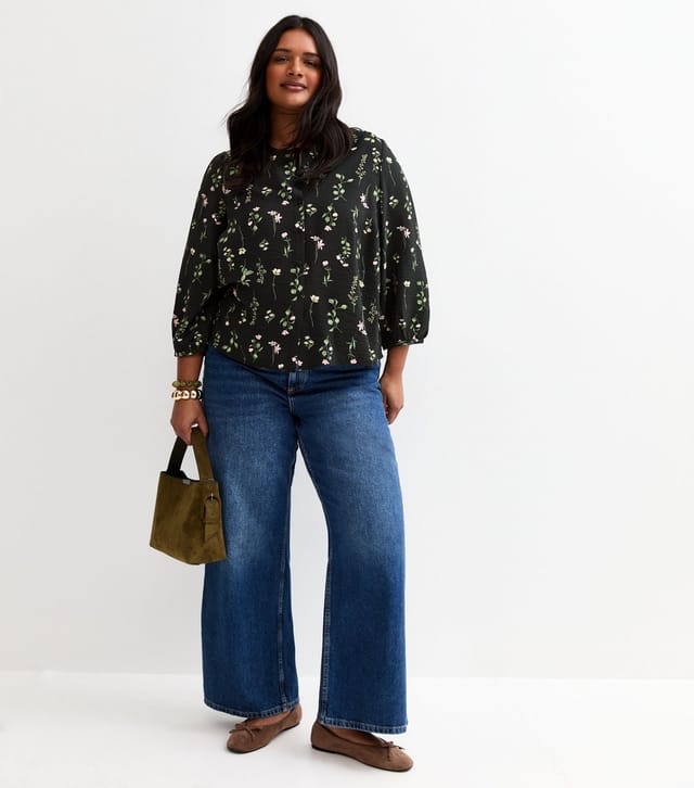 New Look Women's Plus Size Black Ditsy Floral 3/4 Length Sleeve Blouse Curves New Look - 3