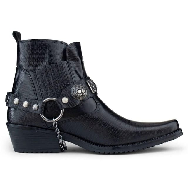 Etor Etor Men's Real Leather Cowboy Ankle Boots With Chain in Black - 2