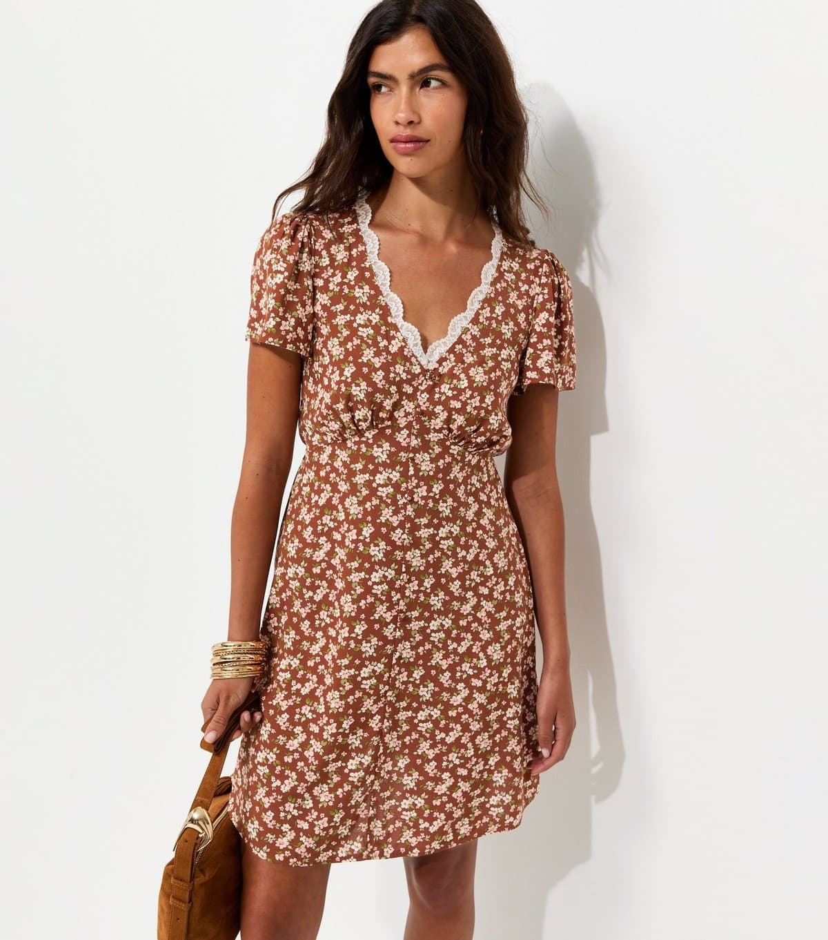 New Look Women's Orange Woven Ditsy Print Lace Trim Mini Tea Dress New Look