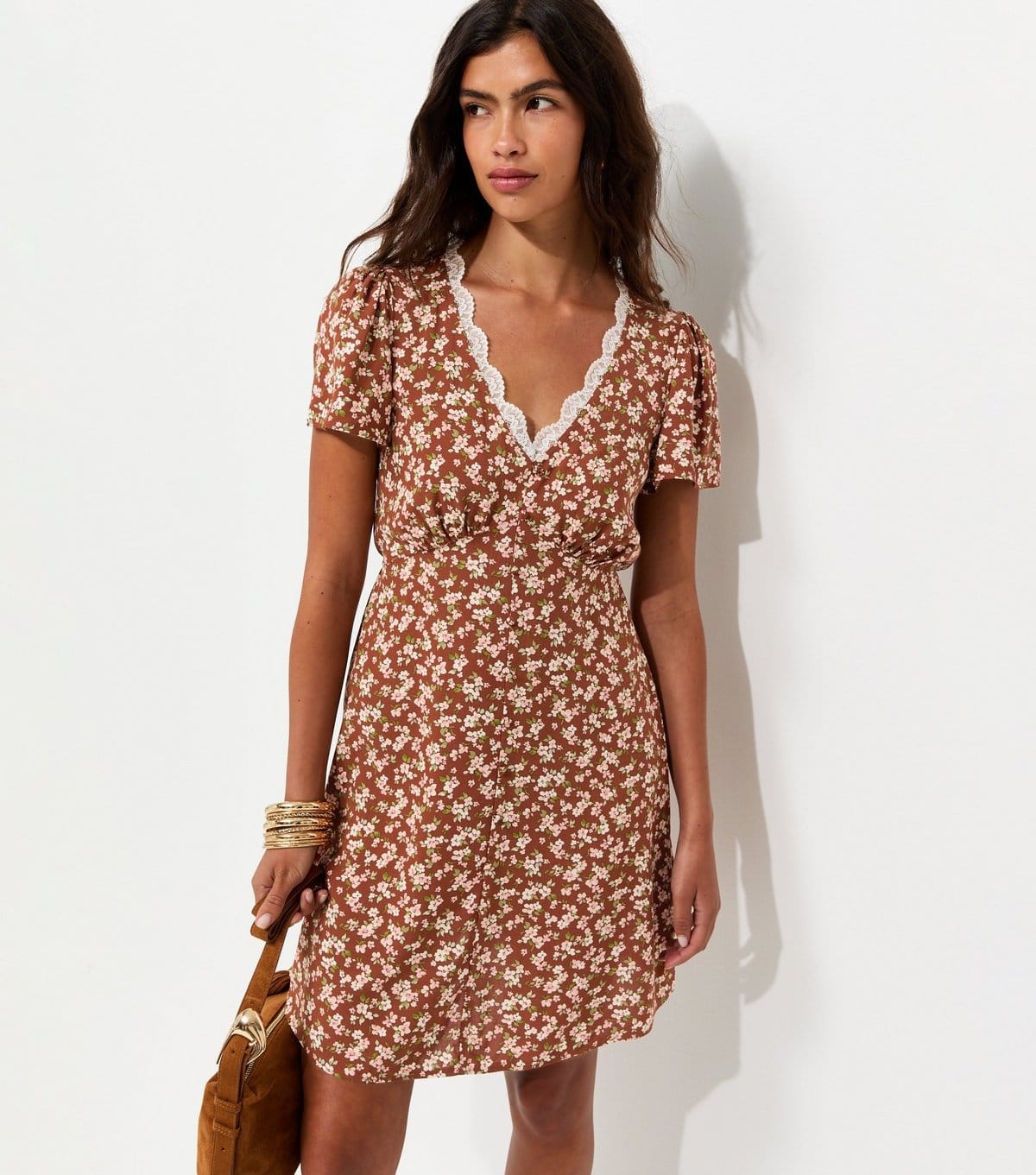 Women's Orange Woven Ditsy Print Lace Trim Mini Tea Dress New Look