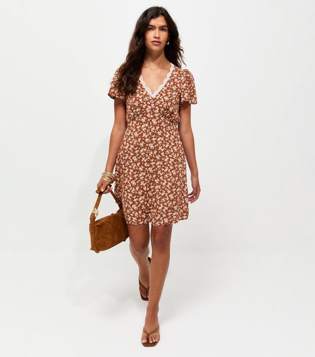 New Look Women's Orange Woven Ditsy Print Lace Trim Mini Tea Dress New Look - 2