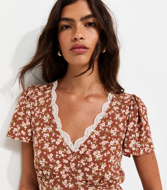 New Look Women's Orange Woven Ditsy Print Lace Trim Mini Tea Dress New Look - 3